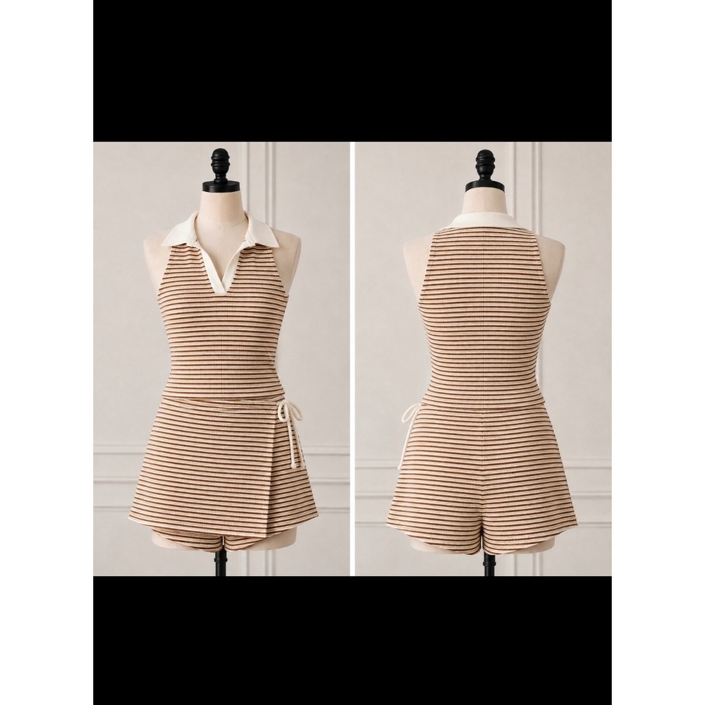 Kirious Los Angeles Brown Striped Polo Crop Top and Wrap Skort Set Small